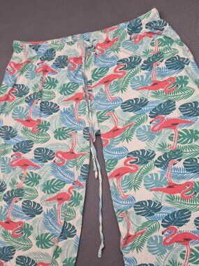 Just Love Women's Medium Blue Tropical Flamingo Capri Pajama Pants Cotton